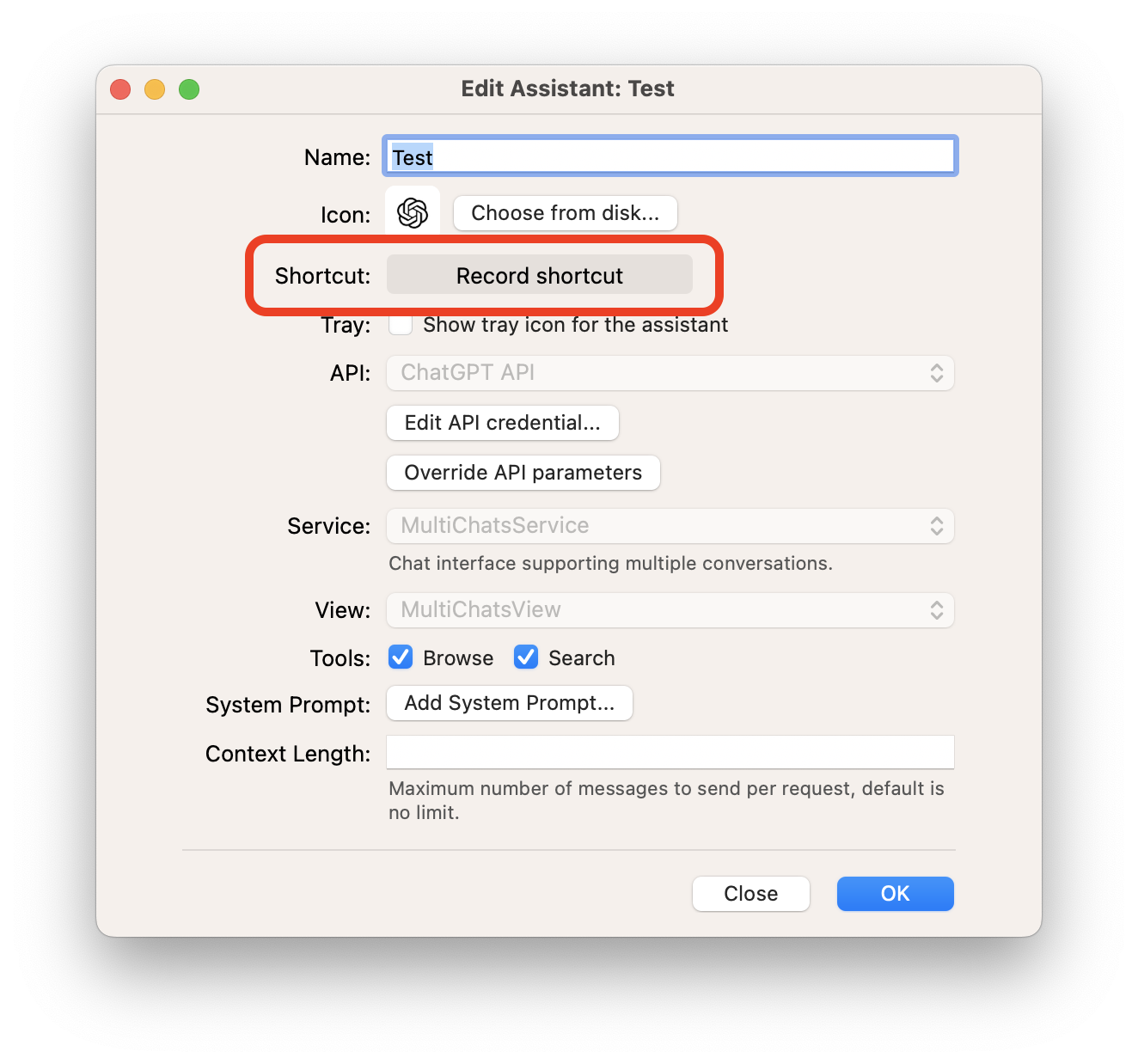 Keyboard Shortcut for Assistants