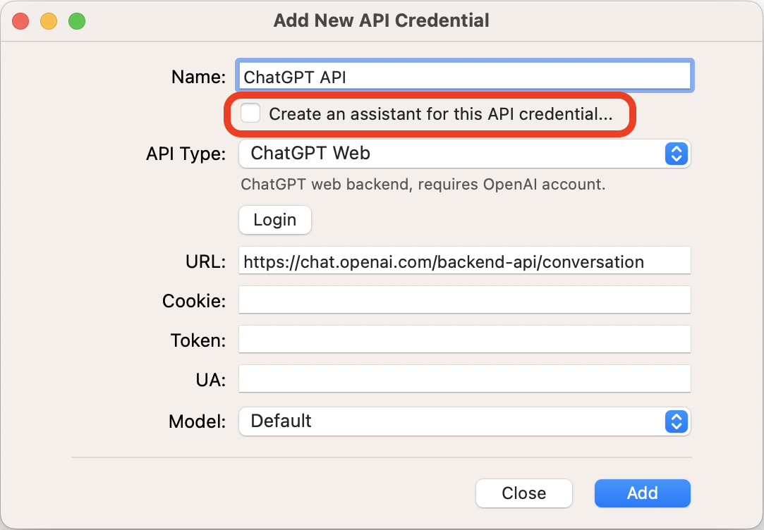 Create API Credential Window
